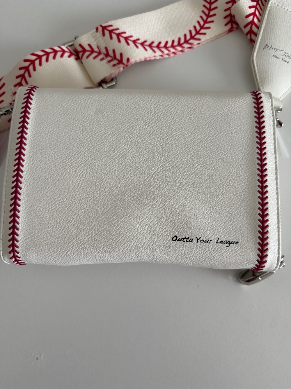 Betsey Johnson White Baseball Crossbody Bag with Red Stitching - Picture 7 of 8